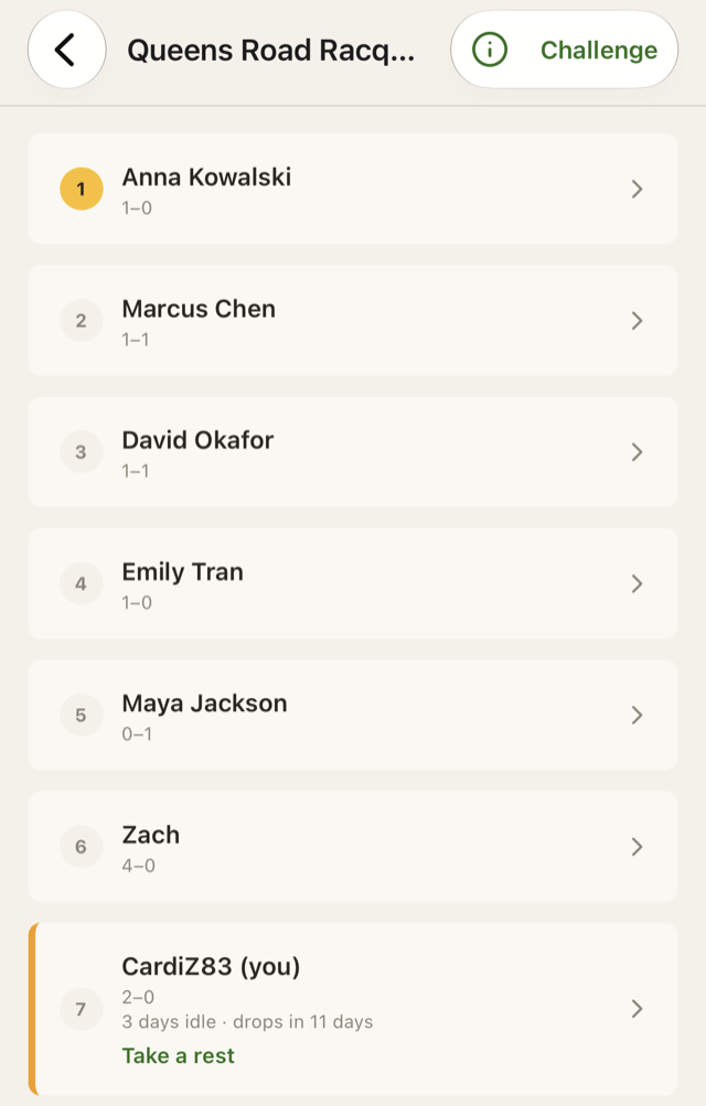 The Standings screen of the ClimbTheLadder app